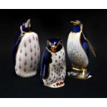 Royal Crown Derby Imari paperweights; Emperor Penguin, Rock Hopper Penguin (certificate) and another