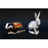 Royal Crown Derby Imari paperweights; Starlight Hare and Moonlight Badger, gold stoppers (2)