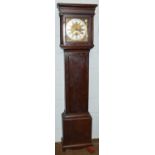 A pine thirty hour longcase clock, 11" square brass dial signed T. Travis, 18th century, later