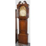 Oak and mahogany eight day longcase clock, early 19th century, 14" arched painted dial signed