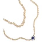 A Pearl Necklace, with a Sapphire and Diamond Cluster Clasp