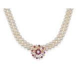 A Ruby and Diamond Cluster Brooch and a Double Row Cultured Pearl Necklace