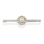 A Cultured Pearl and Diamond Bar Brooch