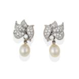 A Pair of Diamond and Cultured Pearl Earrings