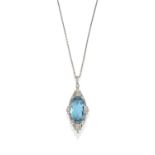 An Art Deco Aquamarine and Diamond Pendant on Chain Circa 1930