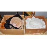 Assorted white linen and textiles, white fur jacket, hinged box, straw boater, mortar, feather
