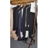 Assorted Jean Muir costume, comprising a textured wool trouser suit (size 16); a black tailored coat