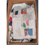 Assorted costume and textiles comprising a 1930s cotton patchwork cover, another, cotton gowns, baby