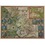 A 17th century hand coloured map by John Speed depicting 'The Countie Pallatine of Lancaster