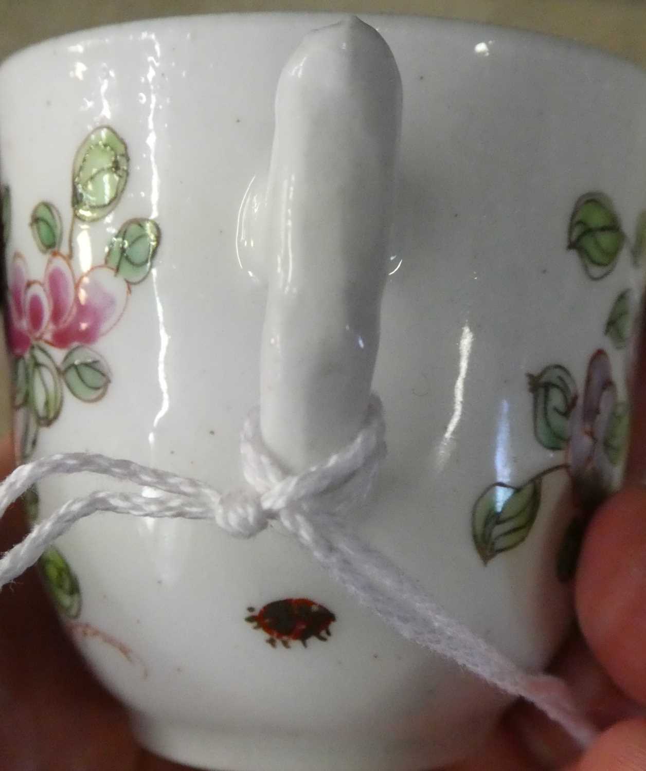 A Bow Porcelain Coffee Cup, circa 1755, with crabstock handle, painted in famille rose style with - Image 4 of 7