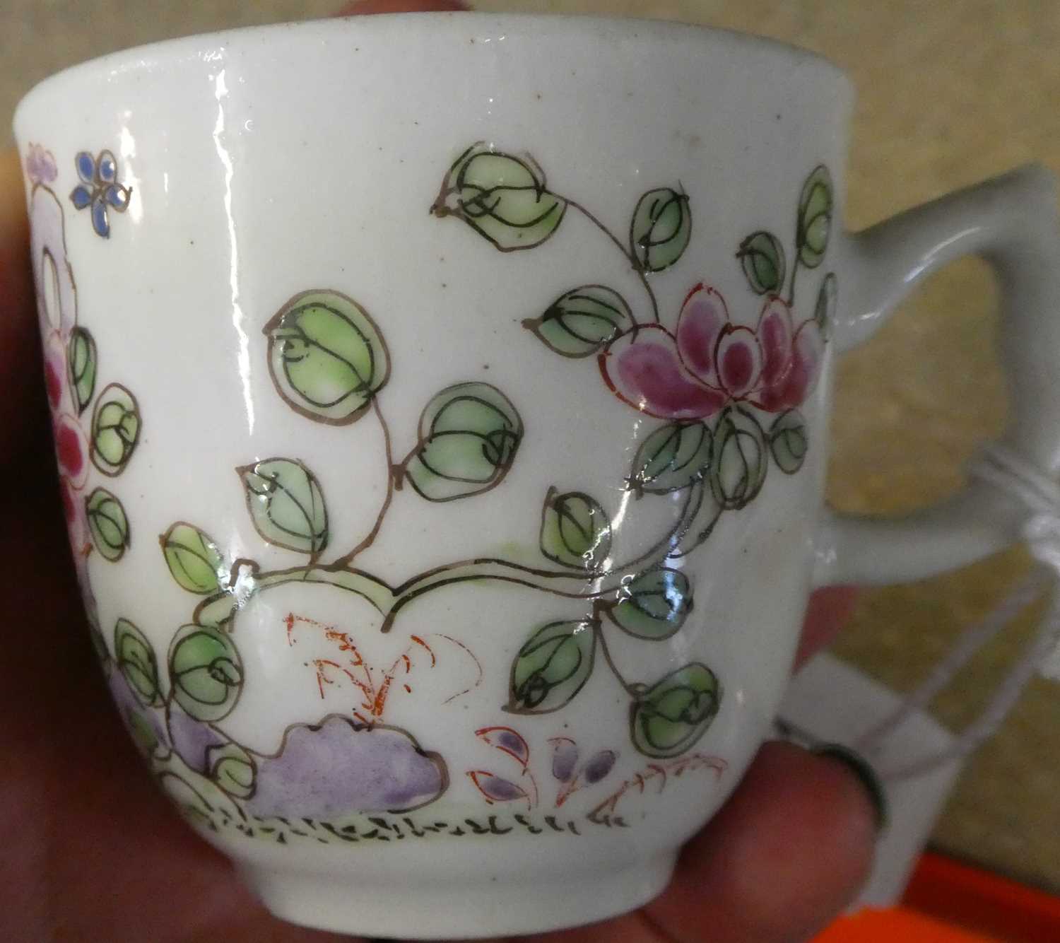 A Bow Porcelain Coffee Cup, circa 1755, with crabstock handle, painted in famille rose style with - Image 5 of 7