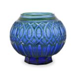 ^ A Russian Imperial Glassworks Green Overlay Blue Vase, 1915, of ovoid form, cut with ovolu and