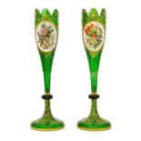 {} A Pair of Bohemian White-Overlay Green Glass Vases, circa 1880, of slender baluster form with