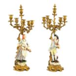 A Pair of Gilt Metal Mounted Meissen Porcelain Figural Candelabra, late 19th/early 20th century,