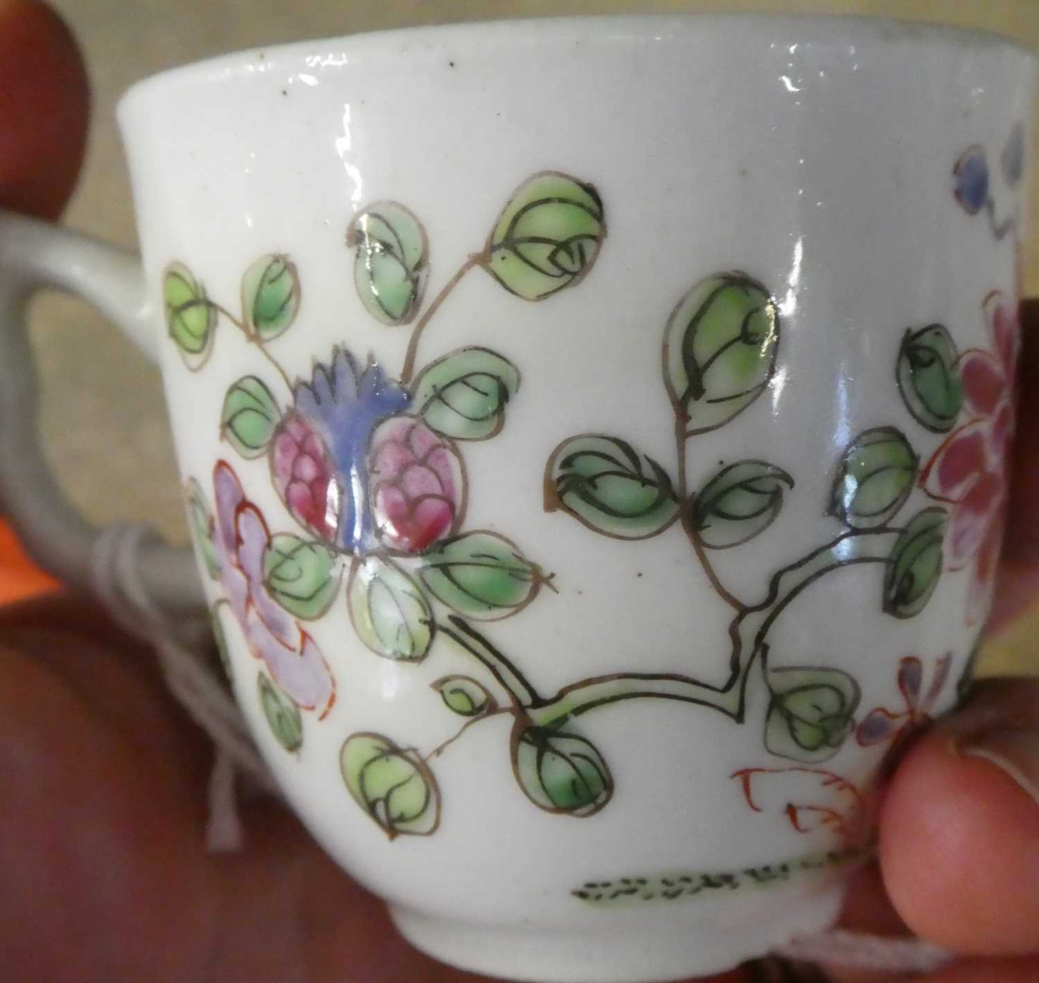 A Bow Porcelain Coffee Cup, circa 1755, with crabstock handle, painted in famille rose style with - Image 7 of 7