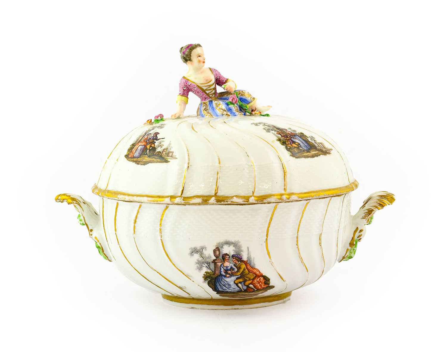 ~ A Meissen Academic Period Porcelain Ecuelle and Cover, circa 1770, outside decorated with lovers