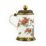 A Silver-Gilt Mounted Meissen Porcelain Tankard, circa 1740, of cylindrical form, painted in colours