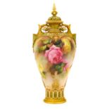 {} A Royal Worcester Porcelain Vase and Cover, 1910, of baluster form with pierced cover and