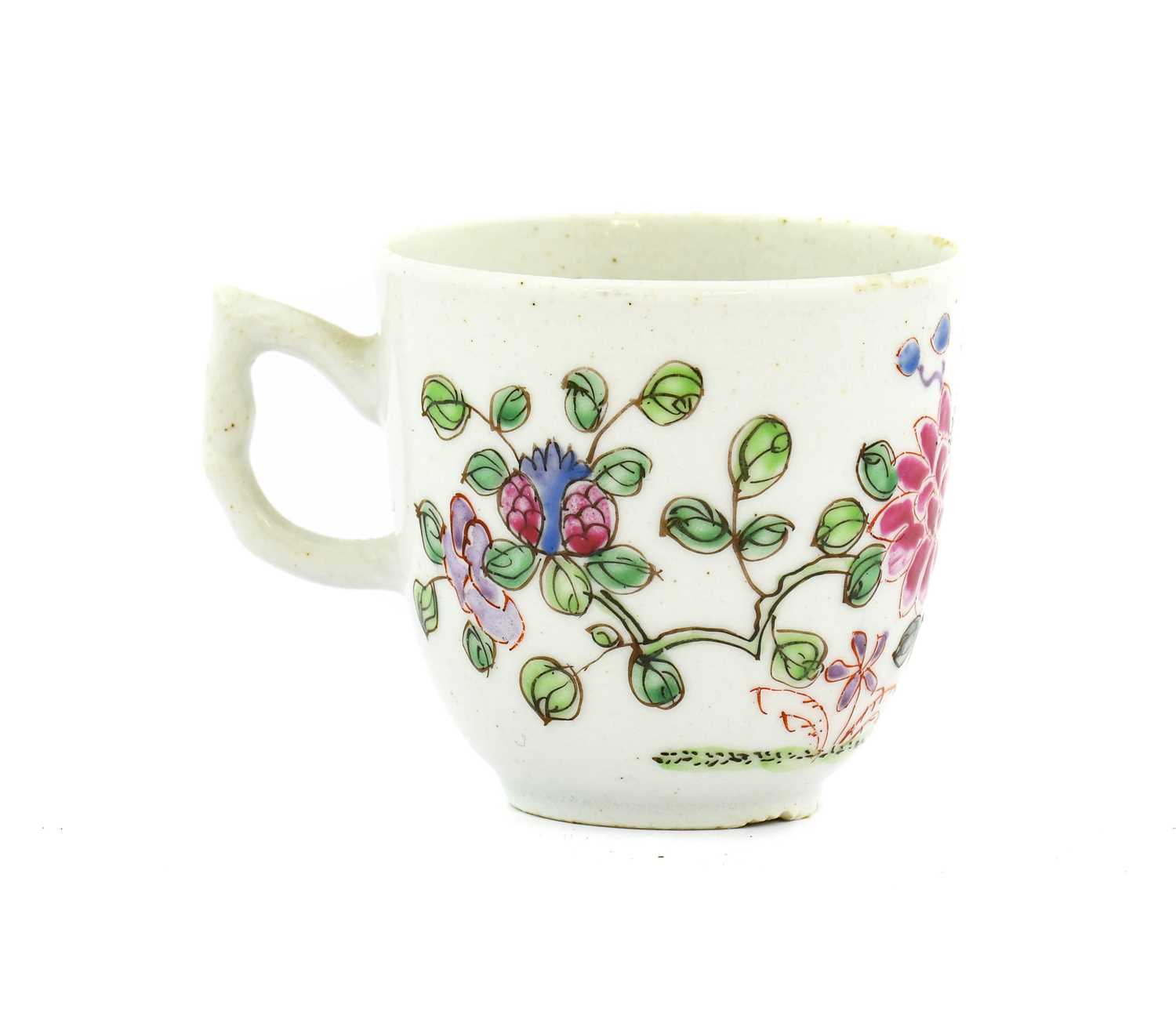 A Bow Porcelain Coffee Cup, circa 1755, with crabstock handle, painted in famille rose style with