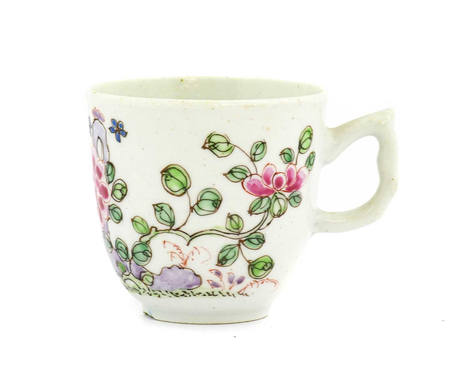 A Bow Porcelain Coffee Cup, circa 1755, with crabstock handle, painted in famille rose style with - Image 3 of 7