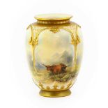A Royal Worcester Porcelain Vase, by John Stinton, 1919, painted with highland cattle in landscape