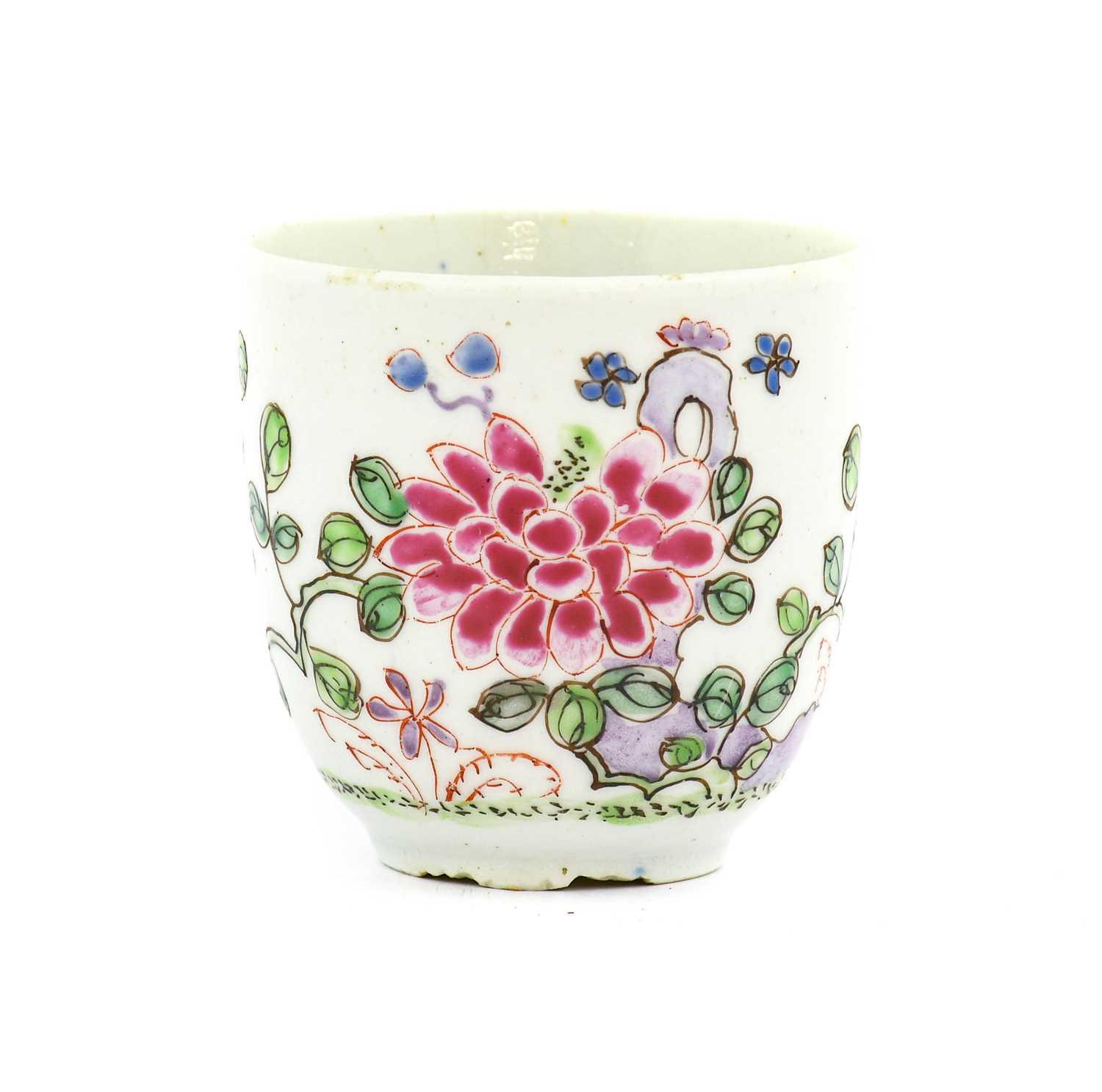 A Bow Porcelain Coffee Cup, circa 1755, with crabstock handle, painted in famille rose style with - Image 2 of 7