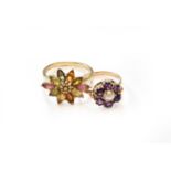 An amethyst and split pearl cluster ring, stamped '9CT', finger size K; and a 9 carat gold multi-gem