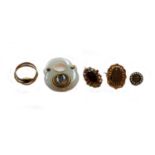 A small collection of antique jewellery comprising of a hair work and split pearl brooch, a hair