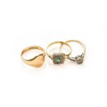 A 9 carat gold signet ring, finger size H; a diamond solitaire ring, unmarked, finger size I1/2;