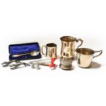 A collection of assorted silver and silver plate, including: an Elizabeth II silver christening mug,