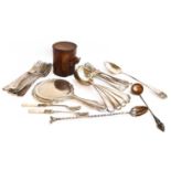 A collection of silver and silver plate, including: a silver hand mirror, a pair of brushes in