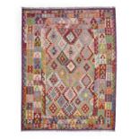 Afghan Kilim, modernThe diamond lattice field of stepped and hooked medallions framed by