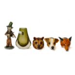 Three Royale Stratford china stirrup cups, together with a Duneford pottery figure by Will Young,