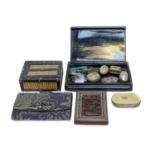 A collection including Cowrie shells, porcupine quill box, tortoishell ring box, Indian sandlewood