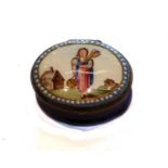 An 18th century South Staffordshire enamel oval patch box, blue ground and the cover painted with