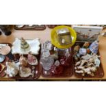 A quantity of ceramics and glass including a gilt decorated cranberry glass casket, a pair of