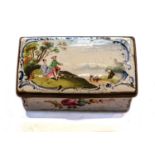An 18th century enamel rectangular box and cover painted with a courting couple by a river, the base