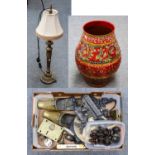 A box of assorted metalware including a pair of brass stirrups, Salter Scales, architectural salvage