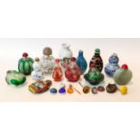A collection of Chinese snuff bottles including peking glass, celadon jade and porcelain (one tray)