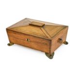 A Regency Rosewood and brass strung workbox and cover, of sarcophagus form with cartouche shaped