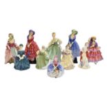 Ten Royal Doulton figures of ladies, including Priscilla HN1495, The Hinged Parasol HN1579 and