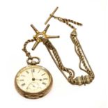 A lady's fob watch with case stamped 0.935 and with an attached continental white metal chain