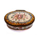 An oval enamel box and cover painted with swags and bouquets of flowers under yellow and pale blue