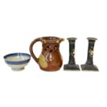 A slipware puzzle jug, 18th Century pearlware bowl, Samson tankard pair of Carlton ware sleeve vases
