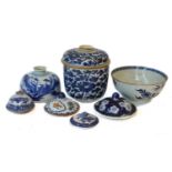 A 19th Century Chinese Imari bowl, two similar, Kangxi style blue and white squat vase etc (one