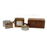 Carriage clock, music box, tea caddy, and an Indian penwork fitted box (4)