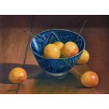 Ian Parker (b.1955)Still life with orange cherries in a blue bowlSigned, oil on board, 14cm by