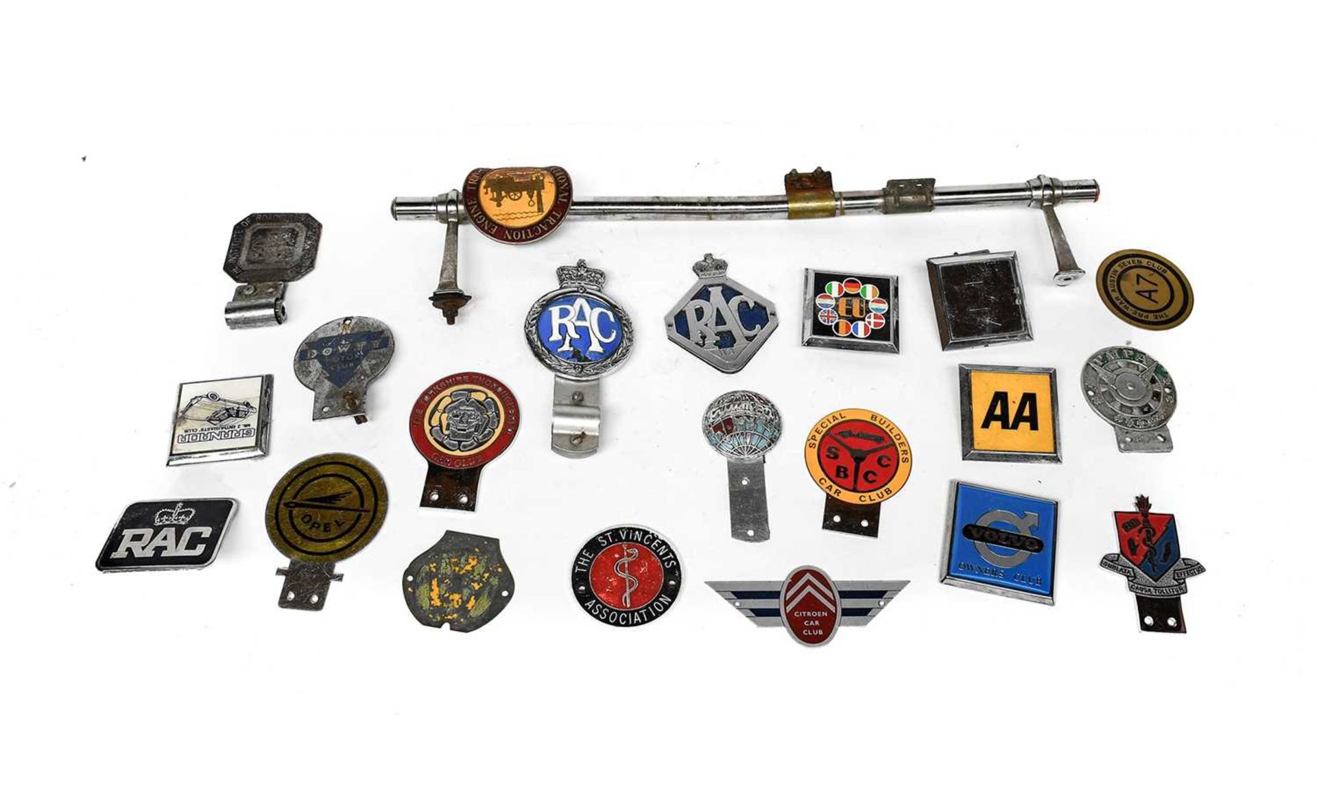 Two Chromed Metal Car Badge Bars, and Twenty Three Assorted Members Badges, to include The Yorkshire