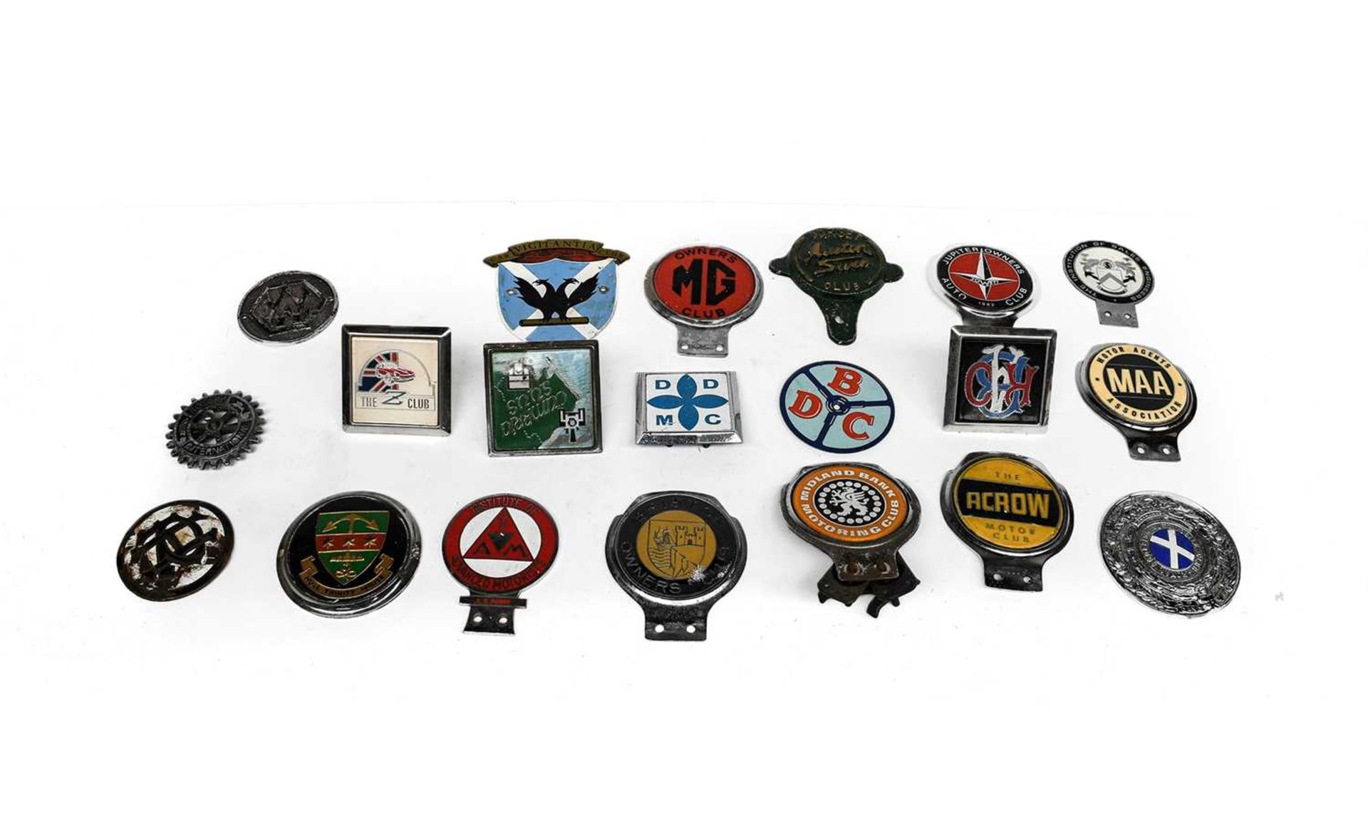 Twenty Assorted Car Members' Badges, including MG, Acrow, Austin 7 Club, All Scottish Automobile