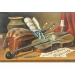Giancarlo Garzelli (1939-1967) Italian Musical still life with violin, mandolin and sheet music